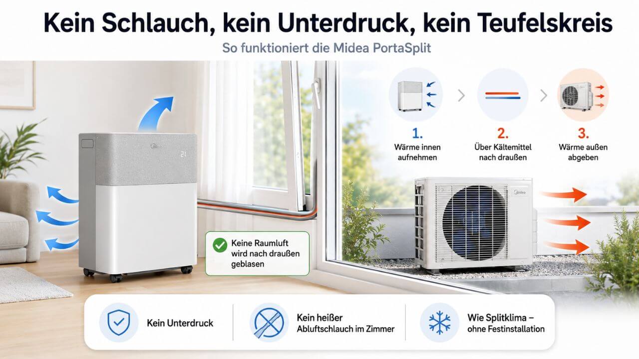 Midea PortaSplit Funktionsprinzip, detailliert erklärt in einer Infografik, wie Kältemittel die Wärme über den Kältemittelschlauch zur Außeneinheit transportiert
